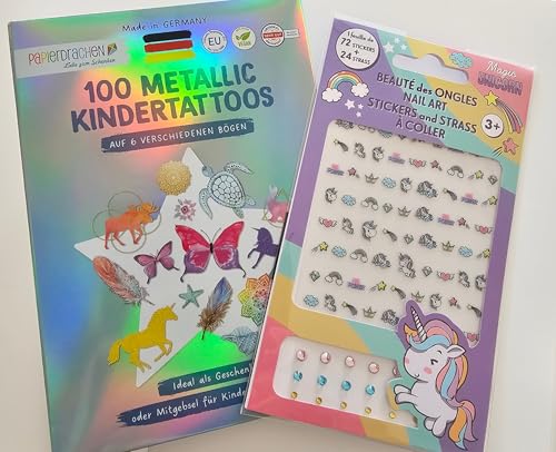 Kindertattoos + Nagel-Sticker: 100 Metallic-Tattoos v. Tieren und Fabelwesen, 72 selbstklebende Sticker und 24 Strass-Nagelaufkleber. Perfekt als Geschenke für Mädchen zu Geburtstagen o. Kinderpartys. von Generisch