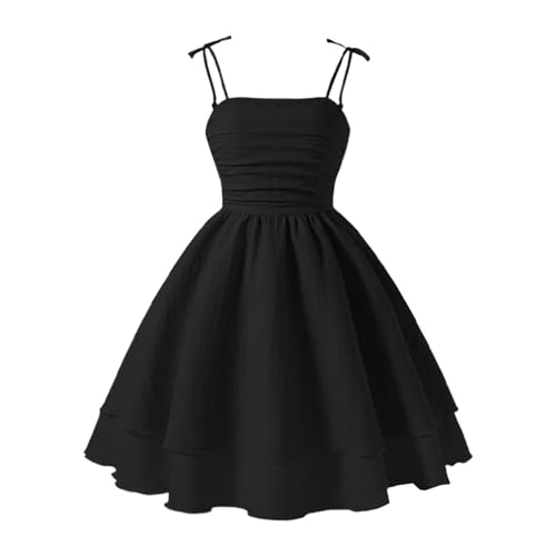 Klamotten Mädchen, Sommerkleid Mädchen A-Linie Prinzessin Kleider Hochzeit Teenager Trägerkleid Festlich Freizeitkleid Spaghettiträger Musselin Kleid Blumenmädchen, Black, 150 von Generisch