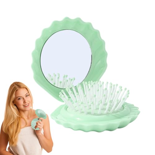 Klappbare Reisebürste | Muschelform Reisehaarbürste | Kopfhaut Massagekamm Mini Schminkspiegel Set für Damen Mädchen Alltag Pflege Haus Bad Dusche Auto Fitness Outdoor Camping von Generisch