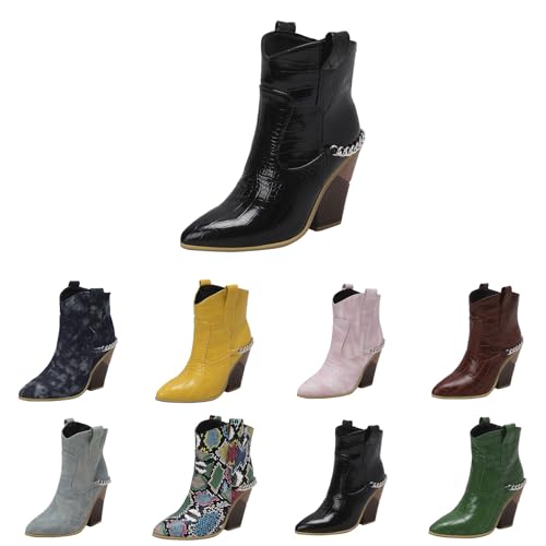 Klassische Western-Cowboystiefel für Damen, spitzer Zehenbereich, klobiger Blockabsatz, Kettenstiefel, bequem, Schlupfschuh, PU-Leder mit modischer Biker-Stiefelette, Schwarz , 37 EU von Generisch