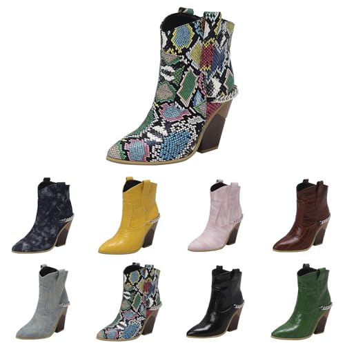 Klassische Western-Cowboystiefel für Damen, spitzer Zehenbereich, klobiger Blockabsatz, Kettenstiefel, bequem, Schlupfschuh, PU-Leder mit modischer Biker-Stiefelette, coffee, 39 EU von Generisch