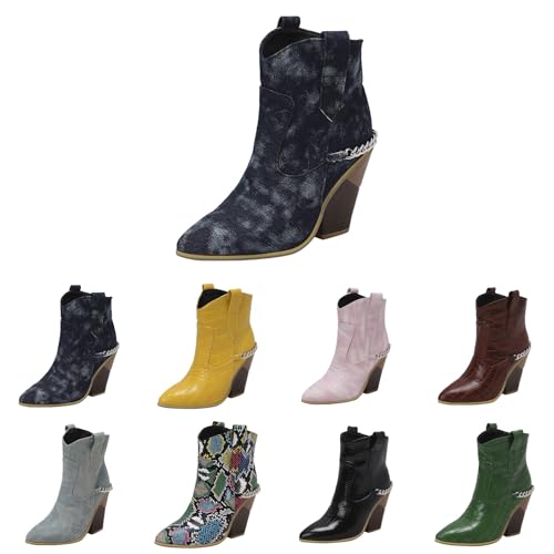 Klassische Western-Cowboystiefel für Damen, spitzer Zehenbereich, klobiger Blockabsatz, Kettenstiefel, bequem, Schlupfschuh, PU-Leder mit modischer Biker-Stiefelette, dunkelblau, 37 EU von Generisch