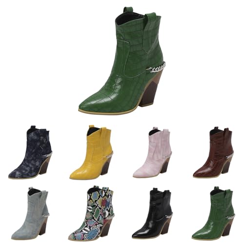 Klassische Western-Cowboystiefel für Damen, spitzer Zehenbereich, klobiger Blockabsatz, Kettenstiefel, bequem, Schlupfschuh, PU-Leder mit modischer Biker-Stiefelette, grün, 39 EU von Generisch