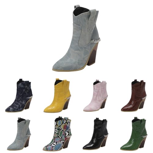 Klassische Western-Cowboystiefel für Damen, spitzer Zehenbereich, klobiger Blockabsatz, Kettenstiefel, bequem, Schlupfschuh, PU-Leder mit modischer Biker-Stiefelette, hellblau, 40 EU von Generisch