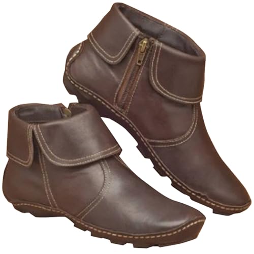 Klassische rutschfeste Damen-Stiefeletten, plissiert, flach, modisch, runder Reißverschluss, Winterstiefel für Damen, verstaucht, coffee, 39 EU von Generisch