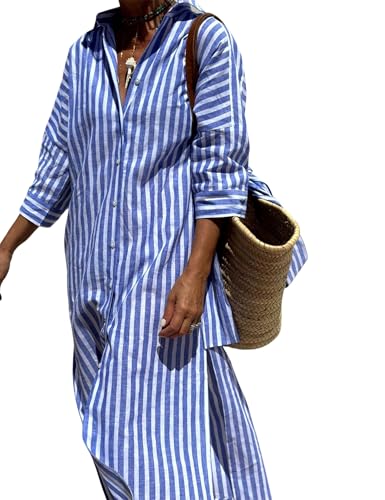Klassisches gestreiftes Hemdkleid mit Schnürung, Maxi-Revers, 3/4-Ärmel, gebundenes Knopfleiste, Luftfahrt-Hemdkleid, blau, XL Klassisches gestreiftes Hemdkleid mit Schnürung, Maxi-Revers, 3/4-Ärmel, gebundenes Knopfleiste, Luftfahrt-Hemdkleid, blau, XL von Generisch