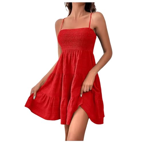 Kleid A Linie Damen Sommerkleid Kurz Elegant Spaghettiträger Strandkleid Sommer Leichte Freizeitkleid Lässig Ärmellos Minikleid Einfarbig Swing Kleider Rot L von Generisch