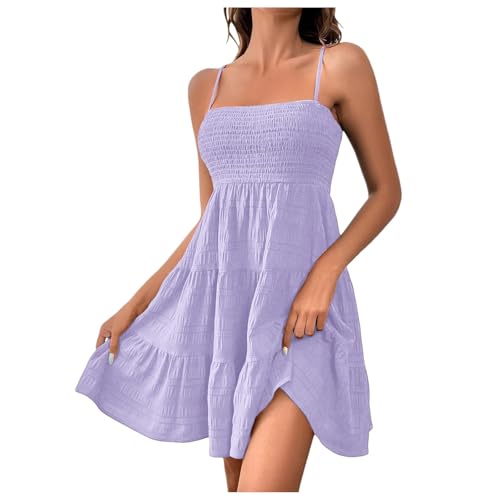 Kleid Damen Elegant Sommerkleid Kurz Spaghettiträger Strandkleid Sommer Leichte Freizeitkleid Lässig Ärmellos Minikleid A Linie Einfarbig Swing Kleider Lila XXL von Generisch