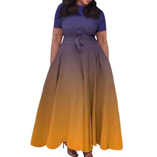 Kleid Damen Elegant Große Größen Sommerkleid Lang Luftig Hohe Taille Blusenkleid Damen üBergröße Kleider A Linie Farbverlauf Sommerkleider Leicht Kurzarm mit Gürtel Partykleid Maxi Big Size von Generisch