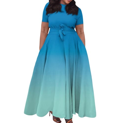 Kleid Damen Elegant Große Größen Sommerkleid Lang Luftig Hohe Taille Blusenkleid Damen üBergröße Kleider A Linie Farbverlauf Sommerkleider Leicht Kurzarm mit Gürtel Partykleid Maxi Big Size von Generisch