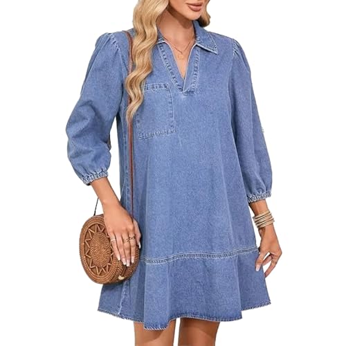 Kleid Damen Herbst Elegant 3/4 Arm Jeanskleid V-Ausschnitt Midi Leicht Strandkleid Lose Abendkleider Party Dress (DE/NL/SE/PL, Alphanumerisch, XL, Regular, Regular, Hellblau) von Generisch