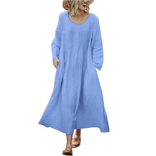 Kleid Damen Langarm Elegant Lang Kleider Damen A Linie Plissee Große Größen Herbstkleid Damen Baumwolle Maxi mit Taschen Damenkleider Locker Einfarbig Kleid Frauen Mollig Freizeit Frühling von Generisch