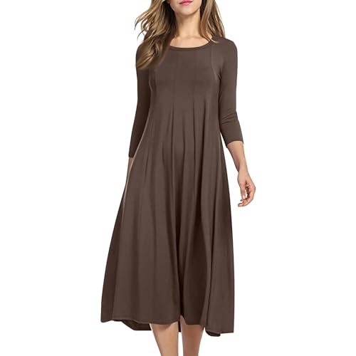 Kleid Damen Langarm Plissee Midikleid Damen Elegant A-Linien Lang Kleider Damen Midi 3/4 Ärmel Faltenkleid Frauen A Linie Rundhals Midikleider Einfarbig Locker Freizeit Damenkleider von Generisch