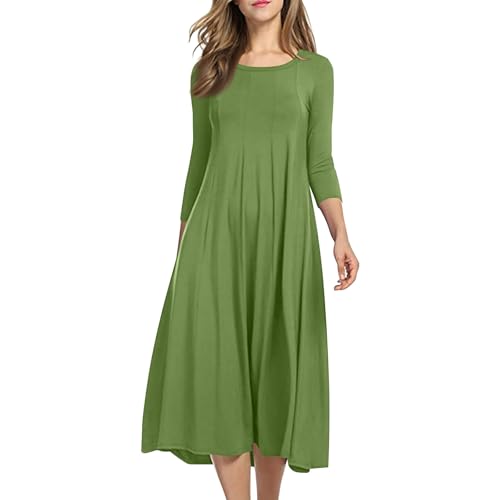 Kleid Damen Langarm Plissee Midikleid Damen Elegant A-Linien Lang Kleider Damen Midi 3/4 Ärmel Faltenkleid Frauen A Linie Rundhals Midikleider Einfarbig Locker Freizeit Damenkleider von Generisch