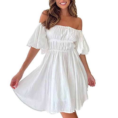 Kleid Damen Rüschen Elegant Hohe Taille Einfarbig Schulterfrei A-Linien Minikleid Partykleid Freizeitkleid Dating-Kleid Sommerkleider Rüschenkleid von Generisch