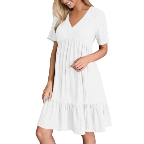 Kleid Damen Sommer, Sommerkleid Damen Kurz V Ausschnitt Kleid Hochzeitsgast Sommer Festliche Kleider Freizeit Strandkleid Elegante Wickelkleid Knielang Sommerkleider Leicht Und Luftig, Weiße, XXL von Generisch