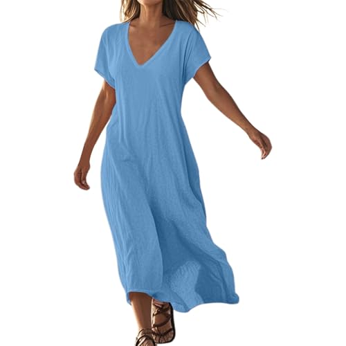 Kleid Damen Sommer, Strandkleid Damen Lang Vintage a Linie V Ausschnitt Tunikakleid Sommer Blümchenkleid Maxikleid Strandmode Sommerkleider Leicht und Luftig Vintage Shirtkleid, Blau, L von Generisch