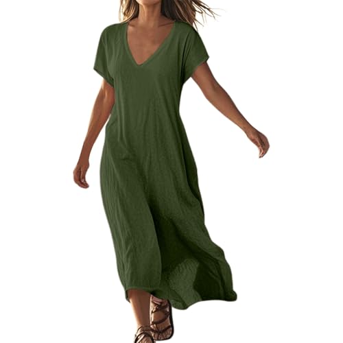 Kleid Damen Sommer, Strandkleid Damen Lang Vintage a Linie V Ausschnitt Tunikakleid Sommer Blümchenkleid Maxikleid Strandmode Sommerkleider Leicht und Luftig Vintage Shirtkleid, Grün, XL von Generisch