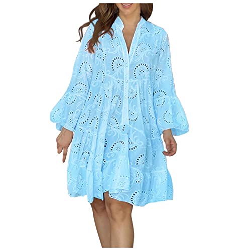 Kleid Damen Sommer Boho Sommerkleid mit Ärmeln Langarm Boho-Kleid Kurz Elegant Ibiza Style Kleider Hippie Sommerkleider mit Knopfleiste Häkelkleid Strand Locker Kleider Rüschen Strandkleid von Generisch