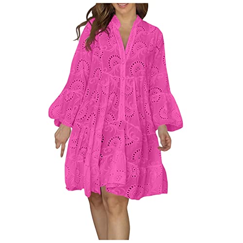 Kleid Damen Sommer Boho Sommerkleid mit Ärmeln Langarm Boho-Kleid Kurz Elegant Ibiza Style Kleider Hippie Sommerkleider mit Knopfleiste Häkelkleid Strand Locker Kleider Rüschen Strandkleid von Generisch