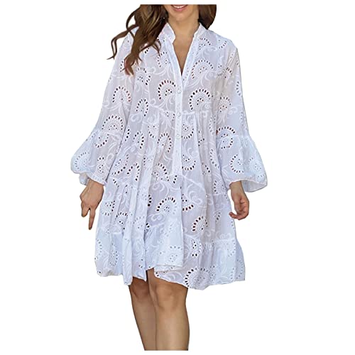 Kleid Damen Sommer Boho Sommerkleid mit Ärmeln Langarm Boho-Kleid Kurz Elegant Ibiza Style Kleider Hippie Sommerkleider mit Knopfleiste Häkelkleid Strand Locker Kleider Rüschen Strandkleid von Generisch