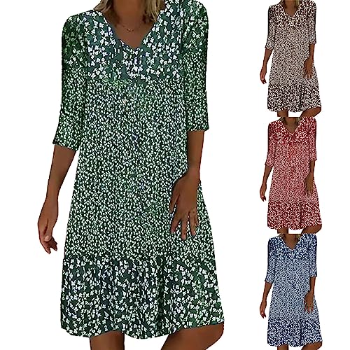 Kleid Damen Sommer Halbarm Blumenkleid Freizeitkleider Boho Strandkleid Große Größen Freizeitkleid Kurzarmkleid V-Ausschnitt Midikleid Luftige Loose Sommerkleid Hohe Taille Casual Kleider (Brown, XXL) von Generisch