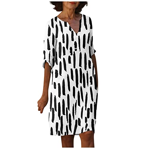 Kleid Damen Sommer Knielang Halbarm Sommerkleid Elegant V Ausschnitt Kleider Vintage Blumen Sommerkleider Damen Leicht Und Luftig Boho-Kleid Locker Damenkleider A Linie Strandkleid mit Ärmeln von Generisch