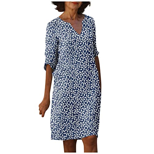 Kleid Damen Sommer Knielang Halbarm Sommerkleid Elegant V Ausschnitt Kleider Vintage Blumen Sommerkleider Damen Leicht Und Luftig Boho-Kleid Locker Damenkleider A Linie Strandkleid mit Ärmeln von Generisch