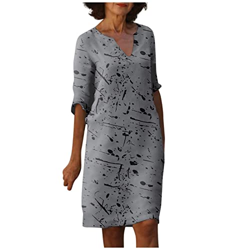 Kleid Damen Sommer Knielang Halbarm Sommerkleid Elegant V Ausschnitt Kleider Vintage Blumen Sommerkleider Damen Leicht Und Luftig Boho-Kleid Locker Damenkleider A Linie Strandkleid mit Ärmeln von Generisch
