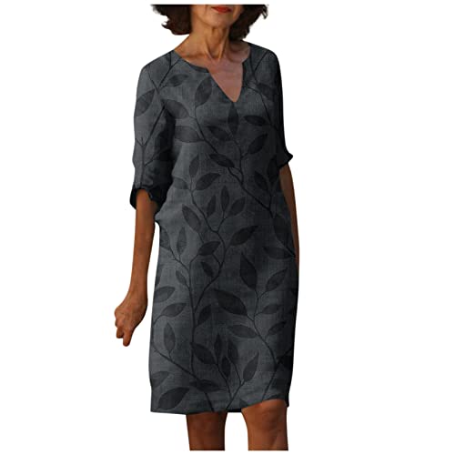 Kleid Damen Sommer Knielang Halbarm Sommerkleid Elegant V Ausschnitt Kleider Vintage Blumen Sommerkleider Damen Leicht Und Luftig Boho-Kleid Locker Damenkleider A Linie Strandkleid mit Ärmeln von Generisch