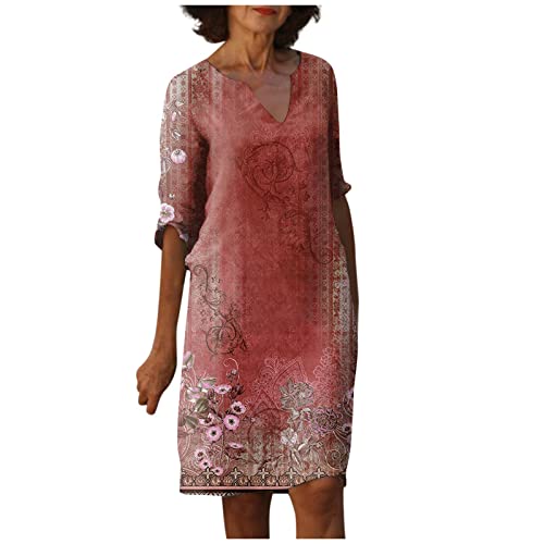 Kleid Damen Sommer Knielang Halbarm Sommerkleid Elegant V Ausschnitt Kleider Vintage Blumen Sommerkleider Damen Leicht Und Luftig Boho-Kleid Locker Damenkleider A Linie Strandkleid mit Ärmeln von Generisch