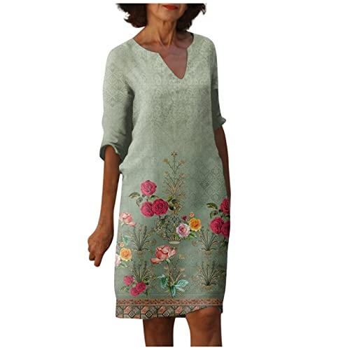 Kleid Damen Sommer Knielang Halbarm Sommerkleid Elegant V Ausschnitt Kleider Vintage Blumen Sommerkleider Damen Leicht Und Luftig Boho-Kleid Locker Damenkleider A Linie Strandkleid mit Ärmeln von Generisch