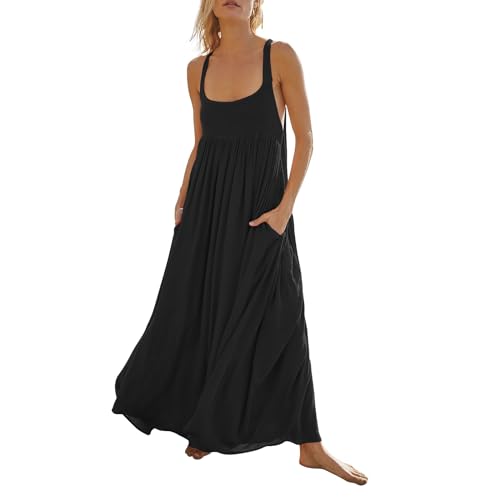 Kleid Damen Sommer Lang A Linie Kleider Träger Maxi Sommerkleider Damen Leicht Und Luftig Maxikleider Elegant Tiefer Ausschnitt Sommerkleid mit Taschen Damenkleider Empire Casual Strandkleid von Generisch