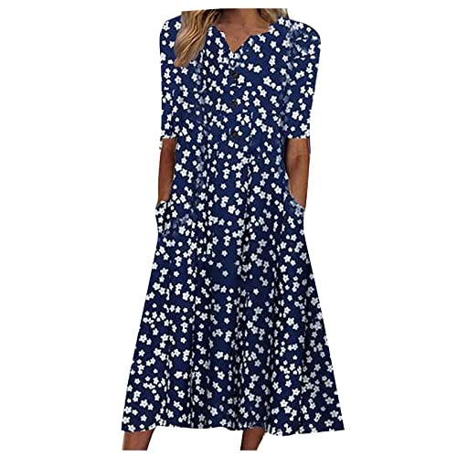 Kleid Damen Sommer Lang Elegant Sommerkleid mit Ärmeln Kurzarm Kleider Blumen Midi Sommerkleid Damen Leicht Midikleid A Linie Damenkleider mit Knopfleiste Strandkleid mit Taschen Locker von Generisch