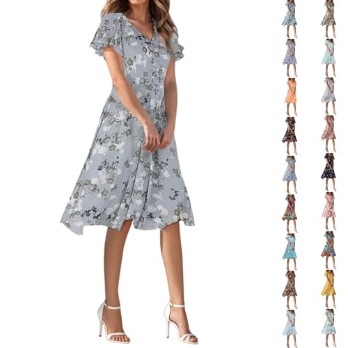 Kleid Damen Sommer Wickelkleid Damen Lang Elegant Sommerkleid V-Ausschnitt Boho Kleid A Linie Blumenkleid mit Gürtel Rüschen Strandkleid Frauen Sommer Kurzarm Hohe Taille Maxikleids von Generisch