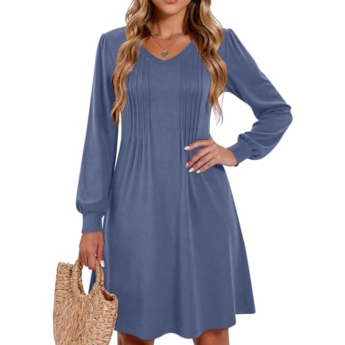 Kleid Herbst Damen Elegant Einfarbige Kuzarm Freizeitkleider V-Ausschnitt Midi Herbstkleid A-Linie Strandkleid Loose Swing Plisseekleid mit Taschen 2#Blau S von Generisch
