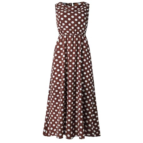 Kleid Hochzeit Langarm gepunktet, ärmellos, A-Linie, plissiert, locker, gerüscht, fließend, lässig, Tank-Kleid Tunika Kleid Strandkleid (Coffee, L) von Generisch