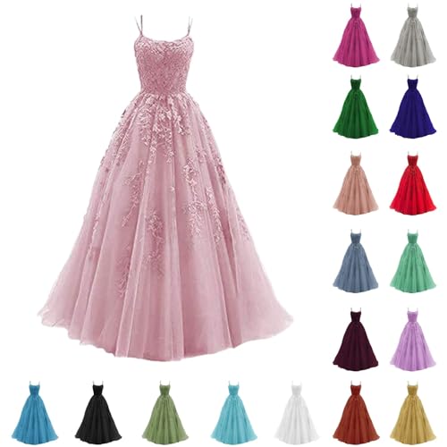 Kleid Hochzeitsgast Damen Ballkleid Aus Tüll Mit Spaghettiträgern Spitzenapplikationen Brautkleider a Linie Formelle Party Abendkleider Ballkleider Lang Cocktailkleid Brautjungfernkleid von Generisch