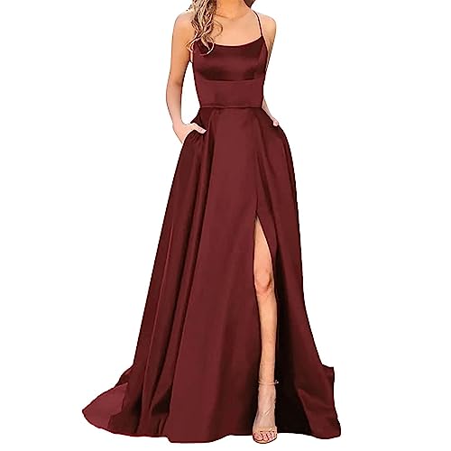 Kleid Hochzeitsgast Damen Elegant Lange Ballkleider Sexy Neckholder Spaghetti Brautkleid Satin A-Linie Hochzeitskleid Abendkleider Lang Seitenschlitz Cocktailkleid Brautjungfer (M) von Generisch