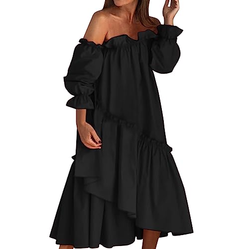 Kleid Mit Knöpfen Damen Modisches, locker sitzendes, Schulterfreies, langärmliges, unregelmäßiges langes Kleid für Damen Strandkleid Spitze Damen (Black, XL) von Generisch