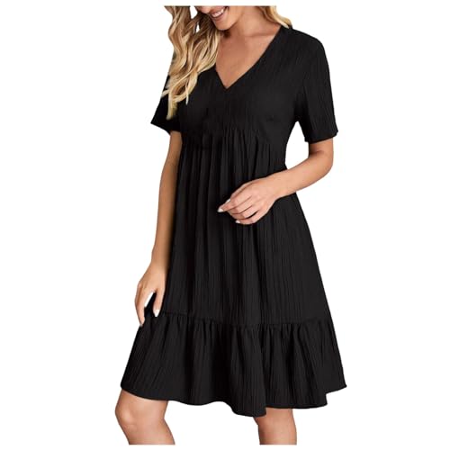 Kleid Schwarz Damen, Sommerkleid Damen Kurz V Ausschnitt Kleid Hochzeitsgast Sommer Festliche Kleider Freizeit Strandkleid Elegante Wickelkleid Knielang Sommerkleider Leicht Und Luftig, Schwarz, XL von Generisch