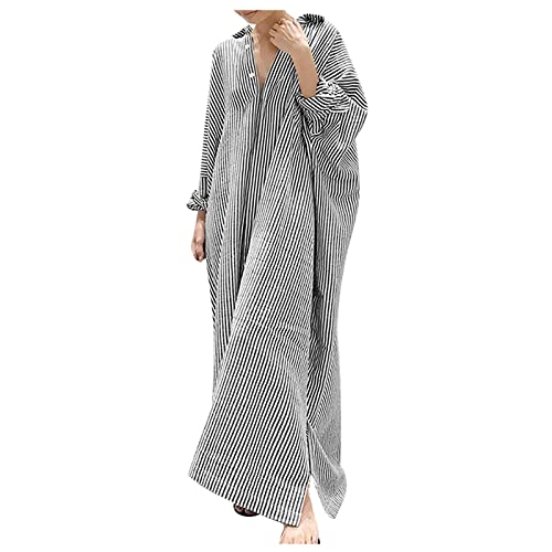 Kleid Sommer Damen Elegant Langarm Hemdkleid Lang Gestreift Tunika Kleid Damen Baumwolle Maxi Sommerkleider Leicht Und Luftig Sommerkleid mit Knopfleiste Maxikleider Locker Casual Strandkleid von Generisch