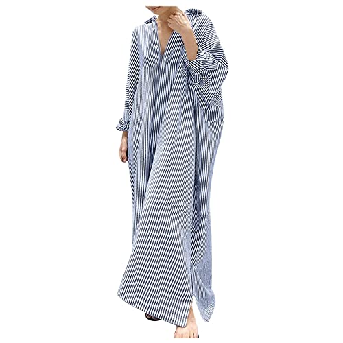 Kleid Sommer Damen Elegant Langarm Hemdkleid Lang Gestreift Tunika Kleid Damen Baumwolle Maxi Sommerkleider Leicht Und Luftig Sommerkleid mit Knopfleiste Maxikleider Locker Casual Strandkleid von Generisch
