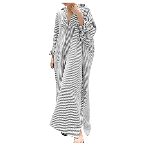 Kleid Sommer Damen Elegant Langarm Hemdkleid Lang Gestreift Tunika Kleid Damen Baumwolle Maxi Sommerkleider Leicht Und Luftig Sommerkleid mit Knopfleiste Maxikleider Locker Casual Strandkleid von Generisch
