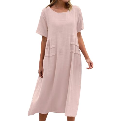 Kleid Sommer Damen Lang mit Ärmeln Kleider Kurzarm Locker Midikleid Elegant A Linie Sommerkleider Damen Leicht Und Luftig Strandkleid Casual Midi Sommerkleid Rundhals Kleid Weite Einfaches von Generisch