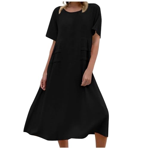 Kleid Sommer Damen Lang mit Ärmeln Kleider Kurzarm Locker Midikleid Elegant A Linie Sommerkleider Damen Leicht Und Luftig Strandkleid Casual Midi Sommerkleid Rundhals Kleid Weite Einfaches von Generisch