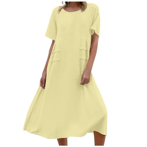 Kleid Sommer Damen Lang mit Ärmeln Kleider Kurzarm Locker Midikleid Elegant A Linie Sommerkleider Damen Leicht Und Luftig Strandkleid Casual Midi Sommerkleid Rundhals Kleid Weite Einfaches von Generisch
