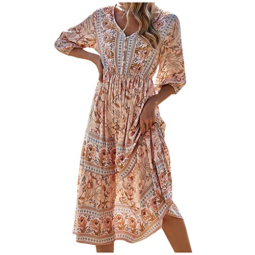 Kleid Sommer Damen Midi V Ausschnitt Ibiza Style Kleider Boho Lang Sommerkleid Elegant Blumen Hippie Kleidung Damen Bohemian Sommerkleider Leicht Und Luftig Midikleid 3/4 Ärmel Strandkleid von Generisch