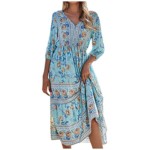 Kleid Sommer Damen Midi V Ausschnitt Ibiza Style Kleider Boho Lang Sommerkleid Elegant Blumen Hippie Kleidung Damen Bohemian Sommerkleider Leicht Und Luftig Midikleid 3/4 Ärmel Strandkleid von Generisch