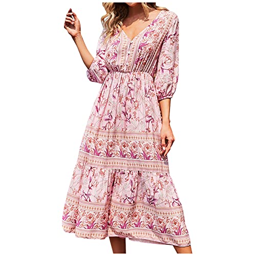 Kleid Sommer Damen Midi V Ausschnitt Ibiza Style Kleider Boho Lang Sommerkleid Elegant Blumen Hippie Kleidung Damen Bohemian Sommerkleider Leicht Und Luftig Midikleid 3/4 Ärmel Strandkleid von Generisch